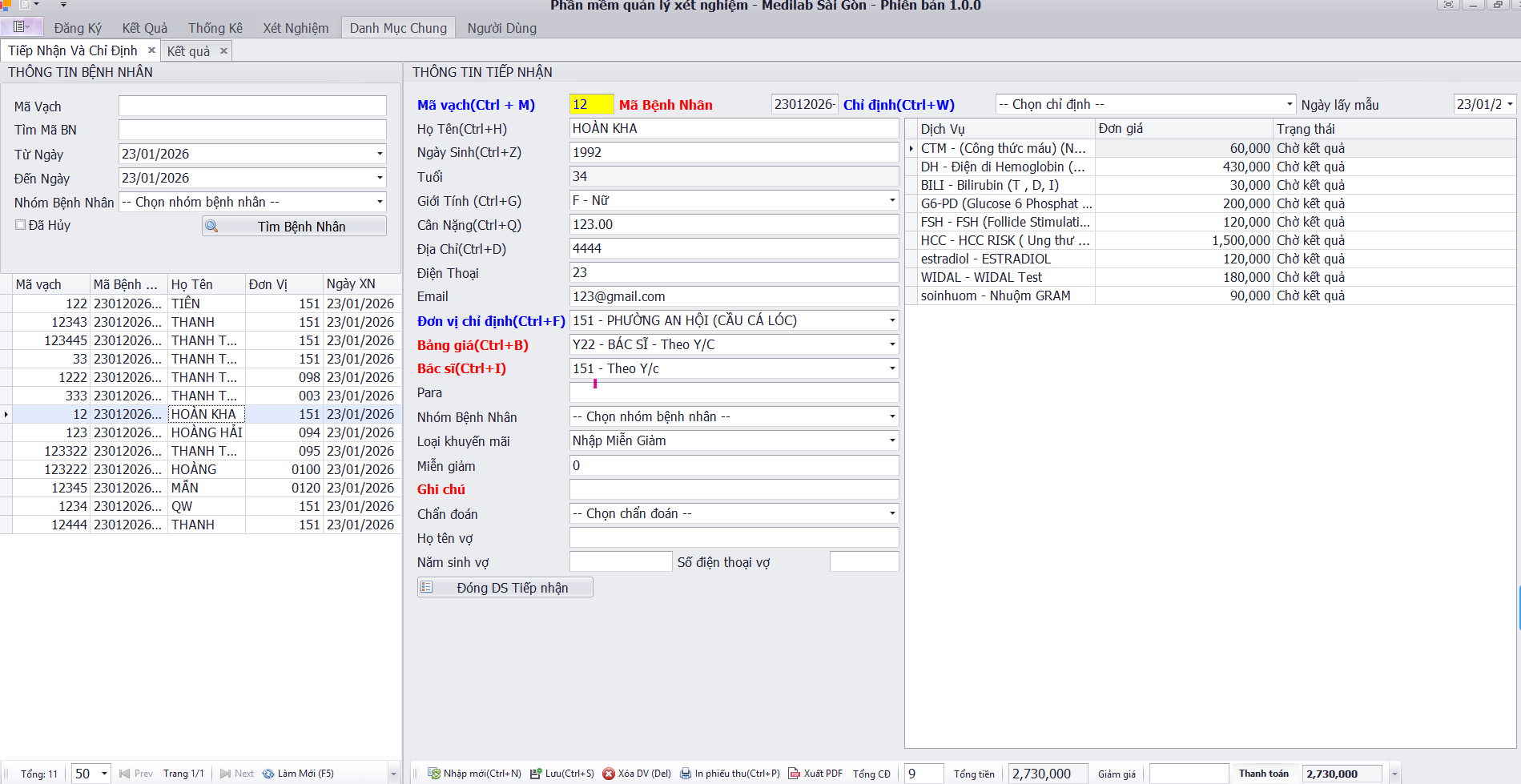 LabSync - Màn hình tiếp nhận và chỉ định xét nghiệm